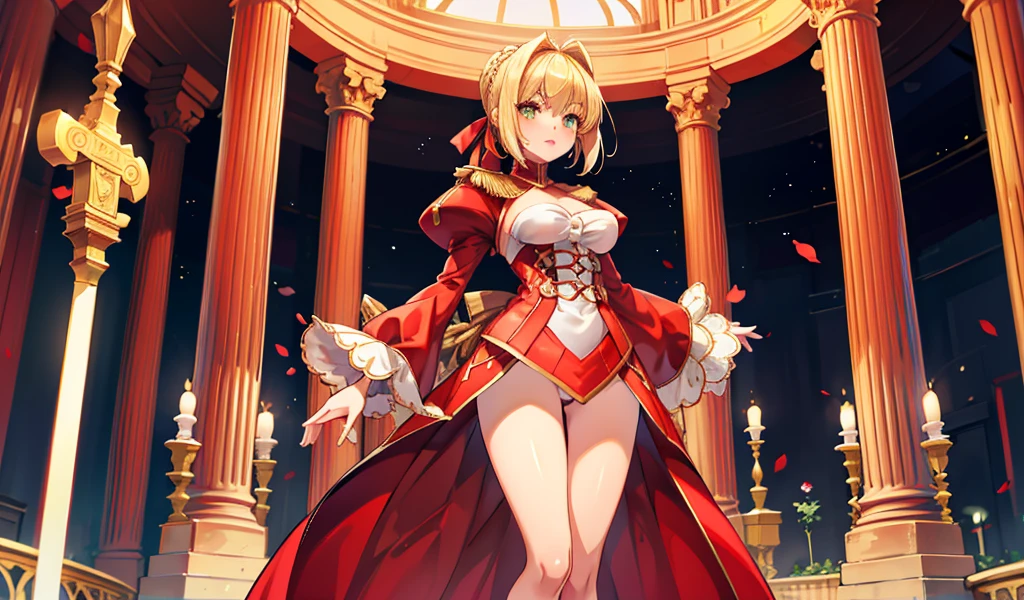 (masterpiece), best quality, expressive eyes, perfect face,1girl,collarbone, bracelet, high heels,blonde hair,cleavage,(red and gold strapless idol long dress:1.3),(bare shoulders),big breasts,cityscape,nightlights,dynamic angle,smiles,standing,head tilt,sexy pose,portrait close-up,(blue eyes:1.1),pink hair ribbon,bangles,thighhigh boots