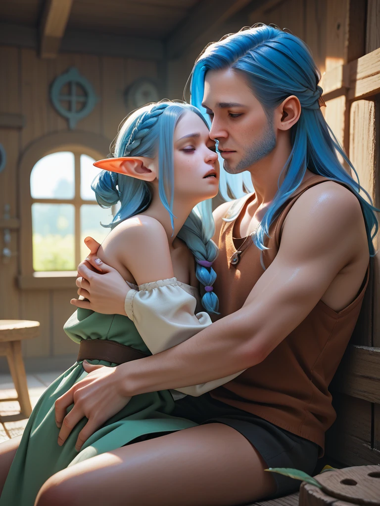 Skyrim, One old man knight John Glover and one young Princess human race, age gap, age difference, giant tall size, old man 70, long beard white, armor knight, face smile, hairy body, naked, big long penis erect, cumming, he carries his girlfriend strongly with both hands, kissing mouths loves, ass fuck positions, sexy young girl 18, size tiny and skinny, a little pregnant, hairstyle pink, face embarrassing blushed, in comfort sitting position for sex, one old man, one young girl, naked, nsfw, on forest.