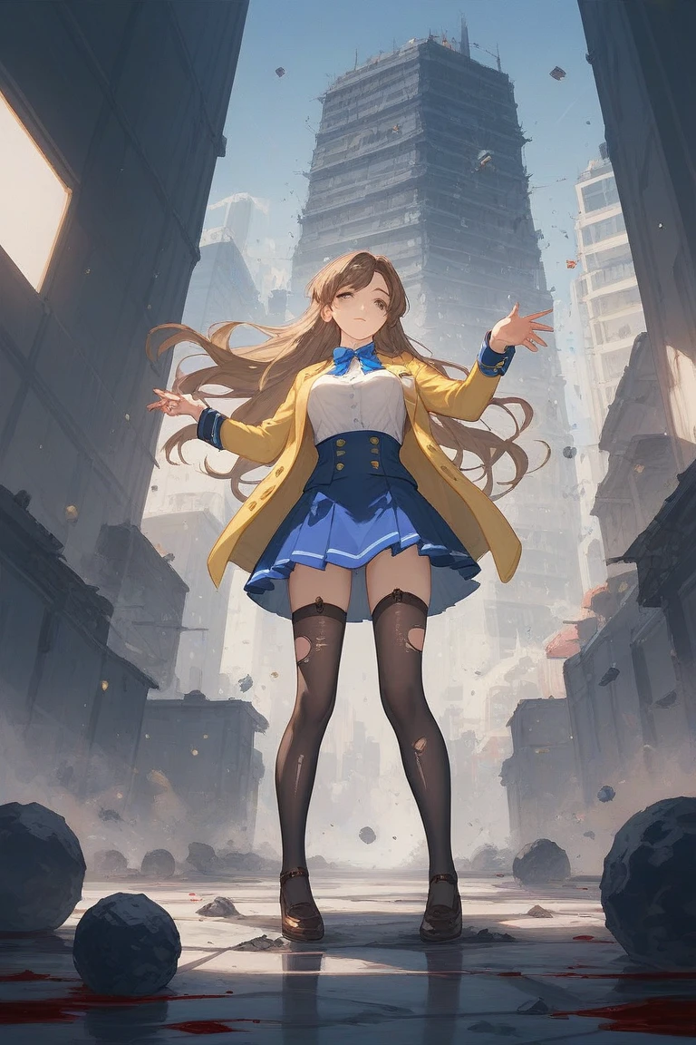 GTS, Giantess, Light frown, Looking down, sky, Loose yellow shirt, Black skirt, Block sunlight, sandals, Stomping, disrupt, buildings collapsed