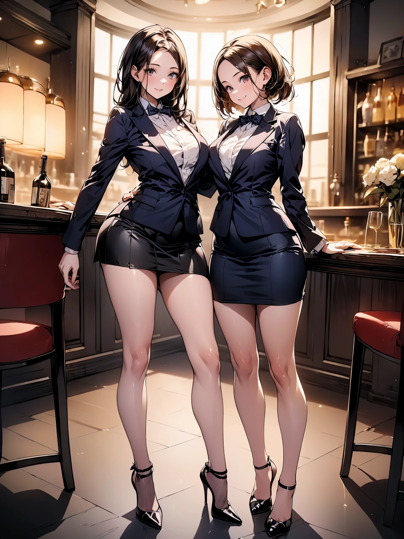 (masterpiece:1.5),high resolution,(best quality, highest quality),((Full Body Shot,Including face)),1girl,Standing position,4K,masterpiece,((Focus on the face)),((Pair of same-colored eyes)),Beautiful woman,slender,Beautiful feet,((Long skirt,High heels,Patterned stockings)),Detailed depiction of the face,bar counter,((Navy blue bartender uniform)),Realistic,,((Making a Cocktail))、walk