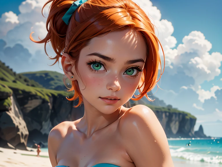 cute redhead woman in twin tails, multiple rainbow colored hair, sky-blue eyes, happy, Ukrainian, petite, pale skin, wearing a green metallic color bikini, post apocalyptic background, bleak barren desert, photo realistic woman. --auto