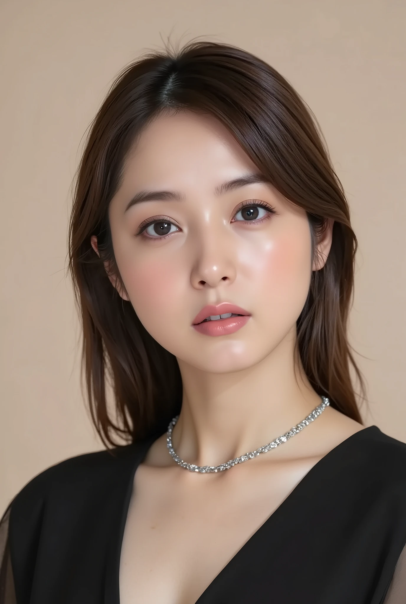  This is Japanese News Caster  NHK News.., serious expression,、ear piercing、necklace、Dark eyeshadow、