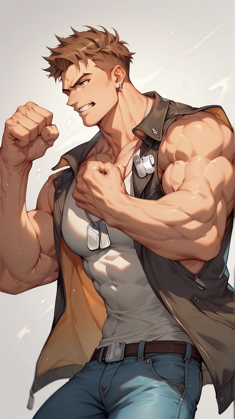 Handsome muscular shirtless brown haired man laughing standing in front of a metal pole, hands above head and handcuffed to the pole with stationary_restraints , metal rods with circular sponges touching his armpits and brushing his armpits 