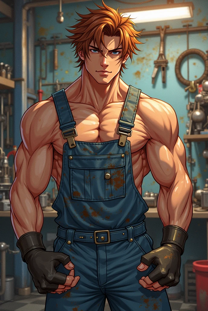 (masterpiece), best quality, expressive eyes, perfect face, 1 boy, 24 years old, Muscle Man, Bodybuilder,Have a tattoo, Open orange factory overalls， Wearing a soaked white T-shirt, Factory equipment, complete scene，factory scene，There are many objects and machines piled around，goggles