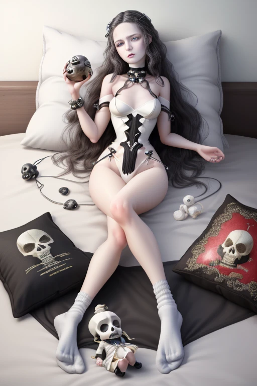 A girl in a dark scene,Wear jewelry and pearls around your neck,hollowed out,cleanness,curlies, small, The face red, upper legs, exposed bare shoulders, 鎖骨, Willow waist, Barefoot,(tmasterpiece), slim,((Full body lesbian)