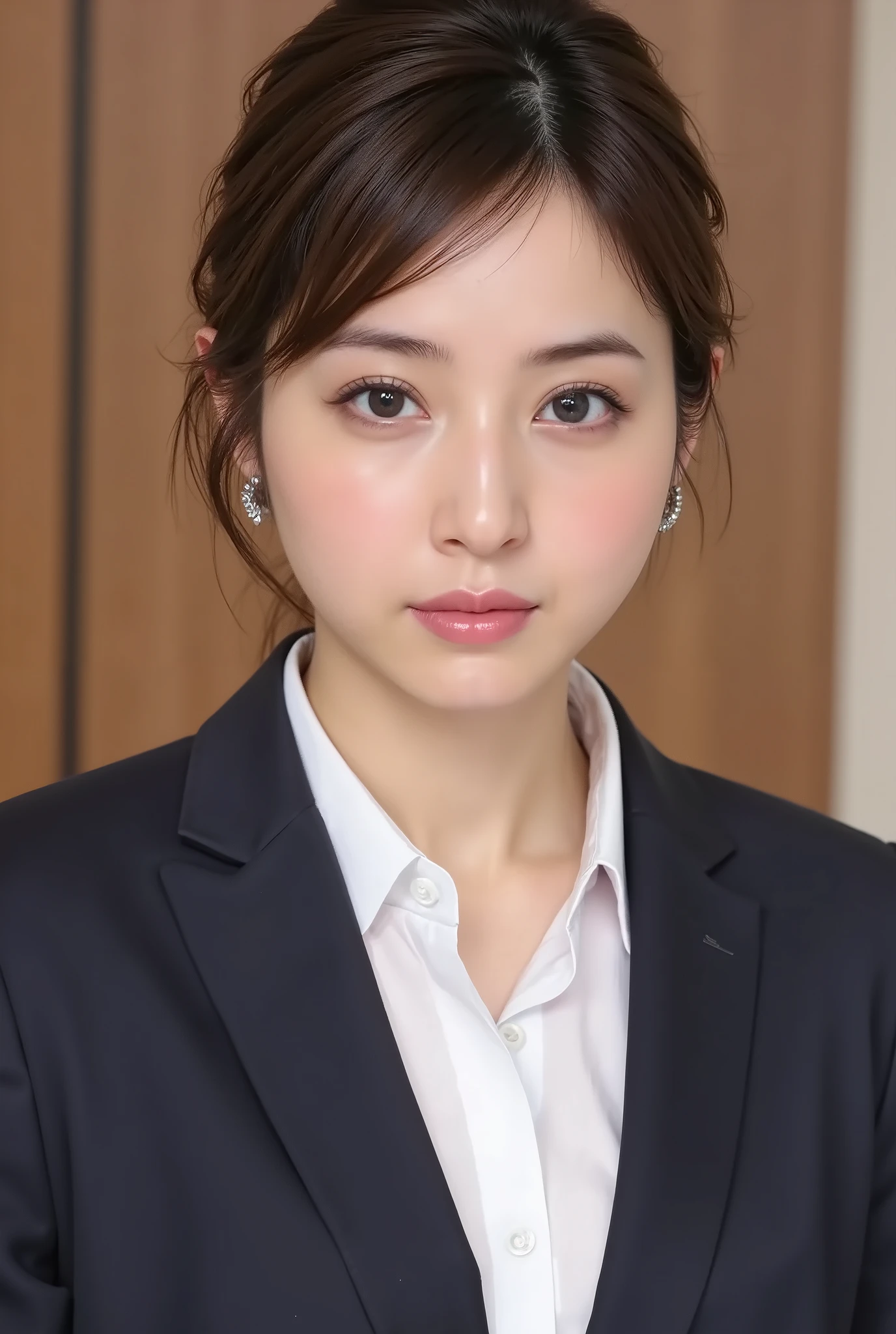 This is Japanese News Caster NHK News.., serious expression,、ear piercing、necklace、Dark eyeshadow、office lady suit、jacket、white shirt、black hair、hairstyle shortcuts、
