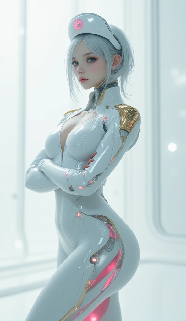 ((best quality)), ((masterpiece)), ((realistic)), (detailed), (photorealistic:1.5), a futuristic girl, (thick body), (white bodysuit), lights on armor, cybernetic headwear, looking at viewer, dynamic pose, post apocalyptic, destroyed city background, buildings on fire, science fiction, hdr, ray tracing, nvidia rtx, super-resolution, unreal 5, subsurface scattering, pbr texturing, post-processing, anisotropic filtering, depth of field, maximum clarity and sharpness, rule of thirds, 8k raw, (luminescent particles:1.4), (extremely detailed cg, unity 8k wallpaper, 3d, cinematic lighting, lens flare), reflections, sharp focus, cyberpunk art, cyberpunk architecture,