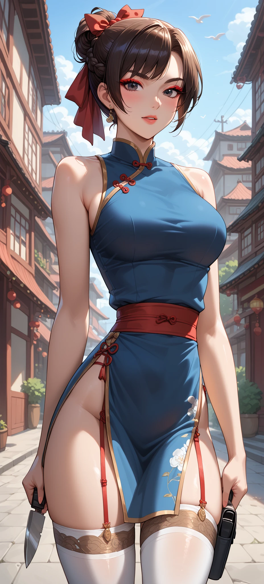 masterpiece、1 beautiful girl、fine eyes、puffy eyes、highest quality, 超High resolution, (reality: 1.4), movie lighting、asian beauty、super beautiful、beautiful skin、body turns forward、close up of face、(超reality的な)、(High resolution)、(8K)、(very detailed)、(美しくfine eyes)、(Super detailed)、 (wall-)、detailed face、bright lighting、professional lighting、looking at the viewer、look straight ahead、slanted bangasterpiece, highest quality, masterpiece, highest quality, perfect face, perfect brown eyes with white sclera, bad move-5, alone, 1 girl, brown hair, From SF6, smile, wide hips, muscular woman, big breasts、blue chinese clothes, slit、pantyhose,