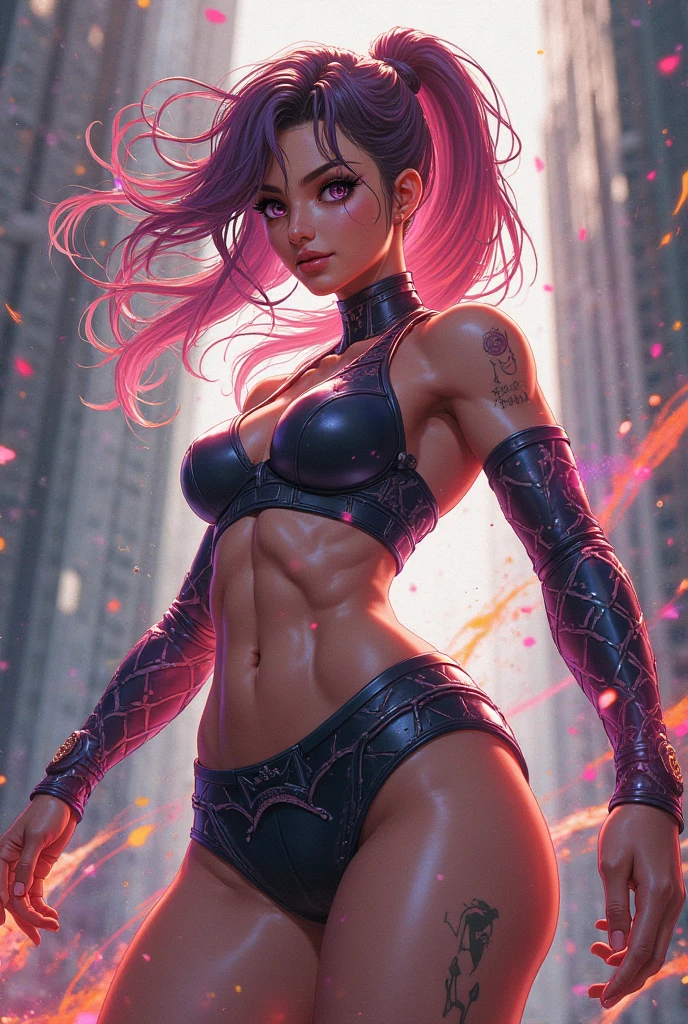 photo of (Chloe Grace|Miranda Kerr:0.7), realistic, masterpiece, highres, full body, (hypermuscle, huge muscles, flexing, veins, very vascular, very muscular, strong, powerful, female domination, female goddess, female power:1.5), wild rainbow toxic hair, wearing a wild skirt, wearing a colorfull small bikini top, curvy body, toned body posing near a dark background [(colorful explosion psychedelic toxic neon paint colors:1.4)::0.30], BREAK, looking at viewer, smug, confident, smile, navel out, hyper realistic lifelike texture, best quality, ultra high res, photo realistic, (elite:0.1), (underwater:0.3), (nasty:0.2),