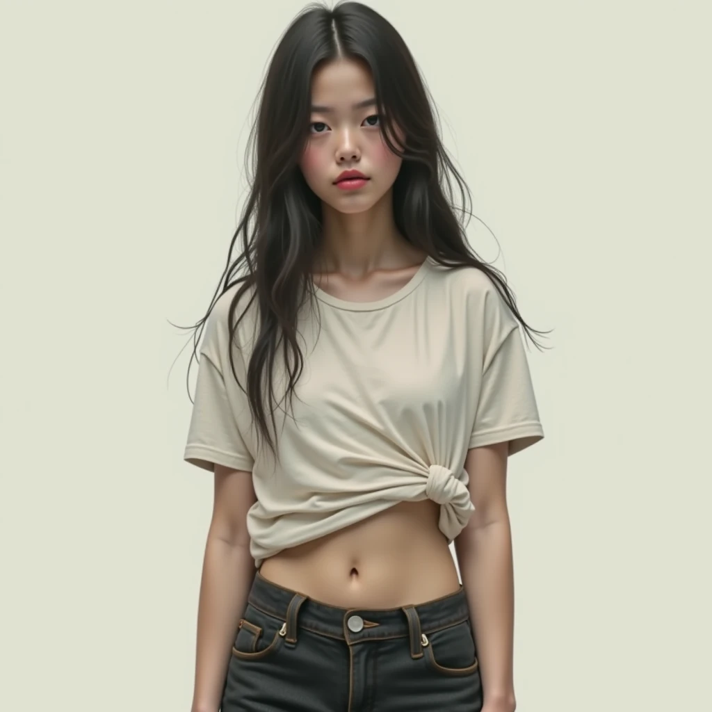Ultra realistic photorealism attractive Chinese woman from the front with big breasts and big ass in white t-shirt with shorts standing 8k standing wearing a Roman helmet