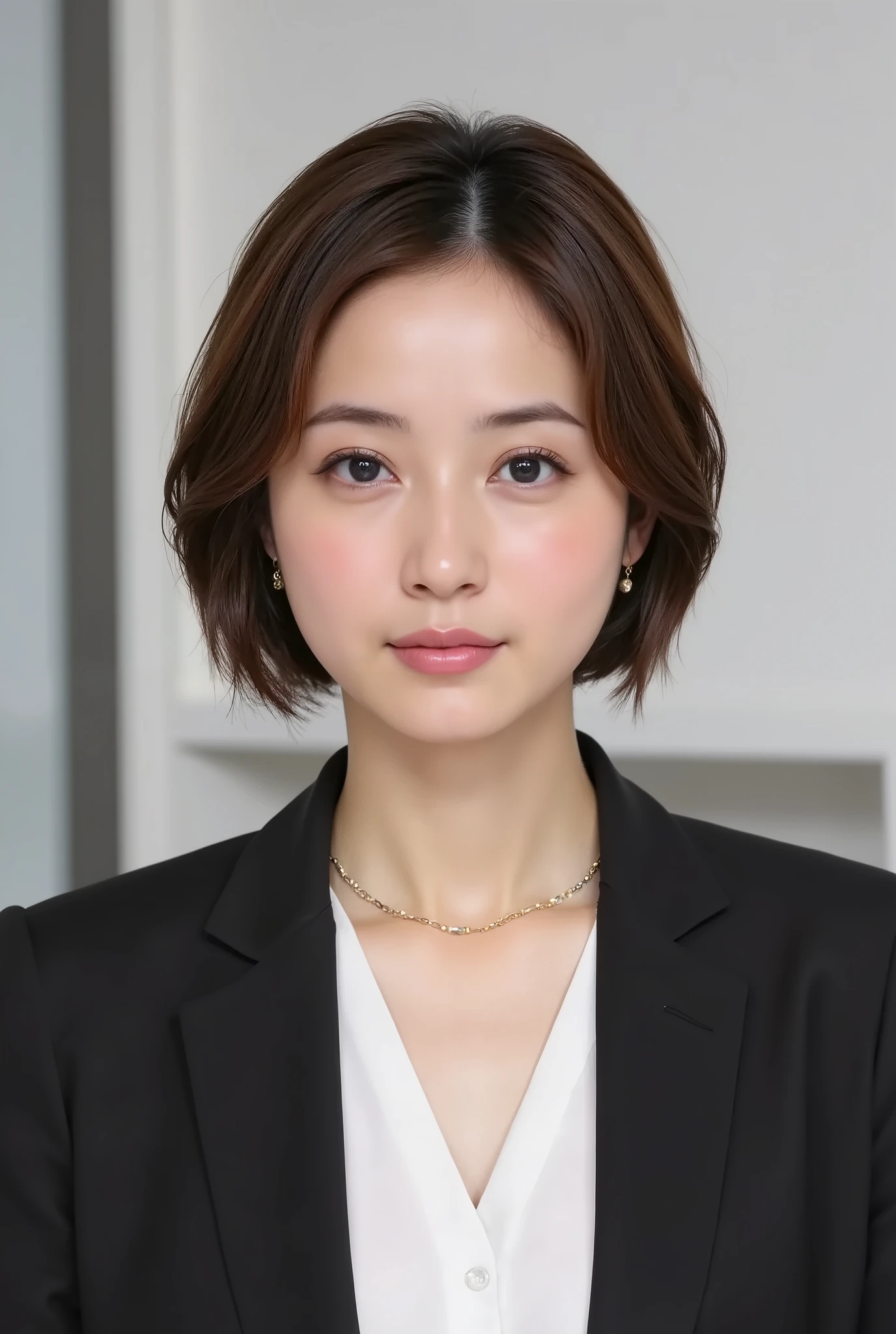 This is Japanese News Caster NHK News.., serious expression,、ear piercing、necklace、Dark eyeshadow、office lady suit、jacket、white shirt、looking at the camera、 pale brown hair、hairstyle shortcuts、bob cut

