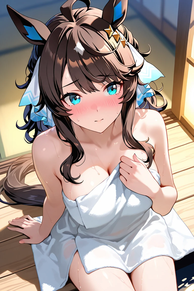special week\(Umamusume\), super detailed face, masterpiece, highest quality, light smile, blush, wave hands, ((super detailed face)), slender girl, whole body, (((Light blue underwear))),horse tail, light smile, fine and clear eyes, (medium chest),(bra),(panties),,((nsfw))