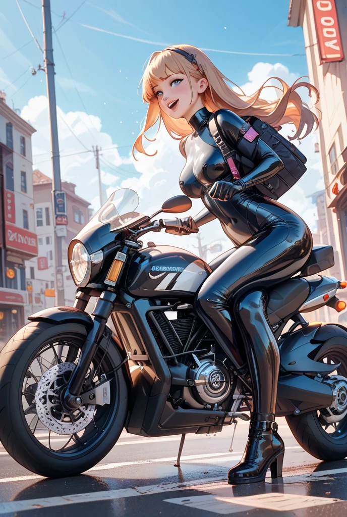 A glamorous woman with a curvy figure, wearing cat ears, goggles on her head, gloves on her hands, and a rider’s suit, riding a heavyweight American-style Harley-Davidson motorcycle. She is speeding down a highway, captured in a panning shot like a scene from a movie. The background features a high-resolution, detailed image with natural light, a blue sky, and white clouds.One girl, High resolution, Long Hair, chest, smile, Brown Hair, Cat ear, far and near method, Highest quality,