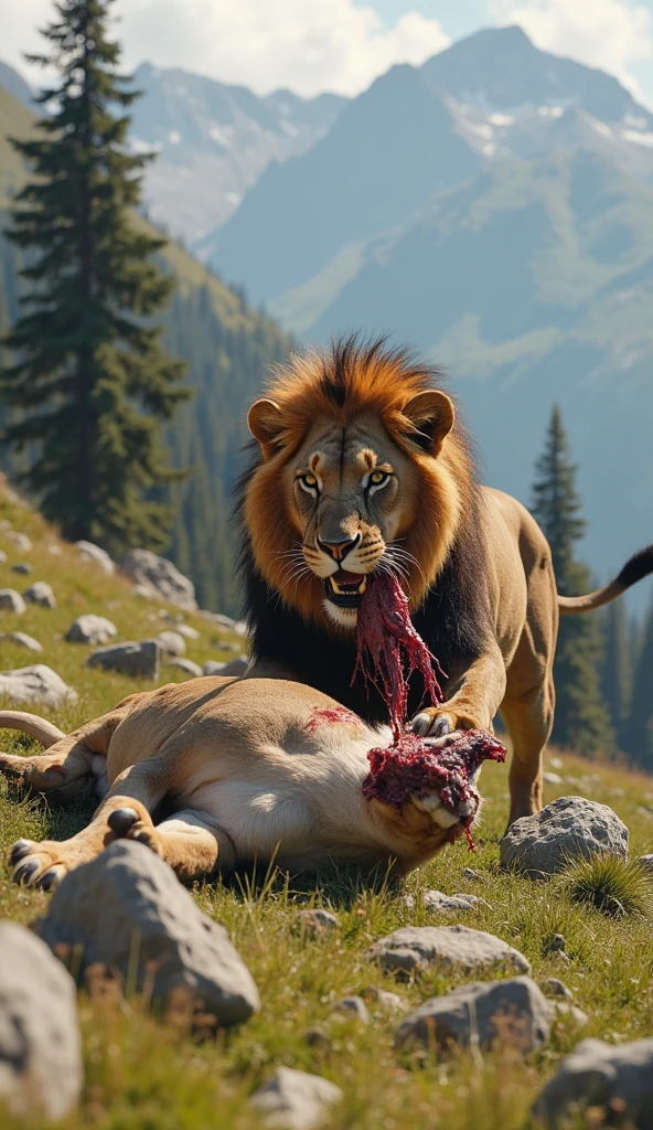 Lion eating deer