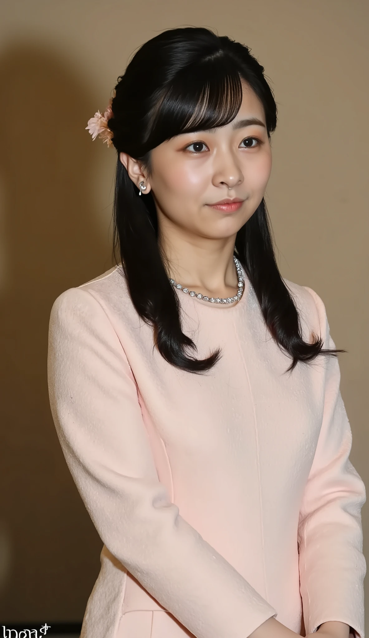 Japanese woman headshot、looking at the camera、Dark eyeshadow、Red cheeks、ear piercing、necklace、Background is in a room、
