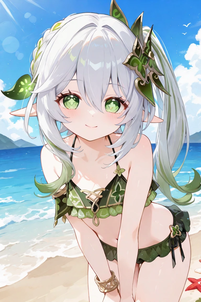tmasterpiece, best qualtiy, Fine and detailed, A high resolution, Extremely Delicately Beautiful, (white hair), Close-up Shot Shot, (Green eyes), Be red in the face, cleavage, swimsuit, photo, perfect bodies, perfect bodies, white stockings, (Overlooking), sea, flat chested