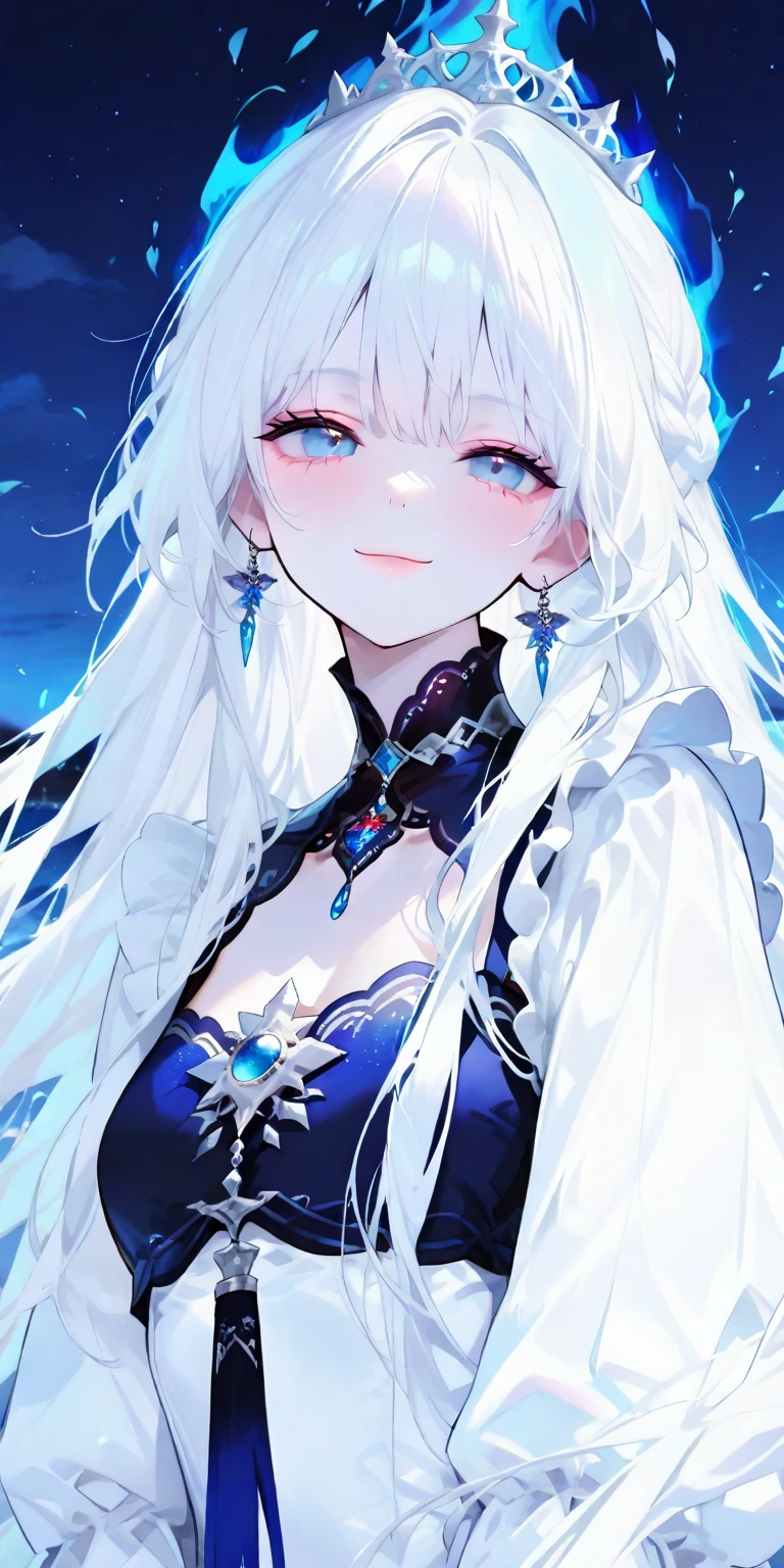 (((Portrait Photo))), She has the Appearance of a Cold and Elegant Woman, with a Slim, Slender Build, Exuding Grace and Poise. Her Extremely Long Silvery White Hair Falls Gracefully Over Her Figure, Reflecting a Subtle Icy Luminescence. Her Piercing Blue Eyes Hold a Depth of Intelligence and Enigmatic Allure, Captivating Anyone Who Meets Her Gaze. Her Expression is Calm and Composed, with a Hint of Intrigue and Quiet Strength, Reflecting Her Dignified Presence and Unyielding Spirit. (((Dark Background))), (((Portrait Photo))), (((Legendary Queen of Winter))), (((Hair Between Eyes))), (((Winter Hair Ornaments)))