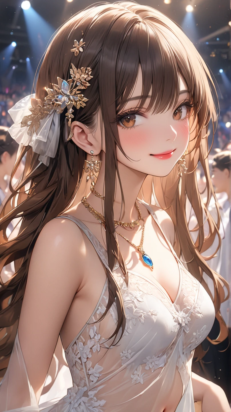 girl,Brown Hair, Long curly hair style, about 50cm long,Wearing a sleeveless white dress with a low neckline, Upper Body, (Open your mouth:1.1), (Eyes Wide Open:1.2), Bokeh, Depth of written boundary, Blurred Background, Party Venue,