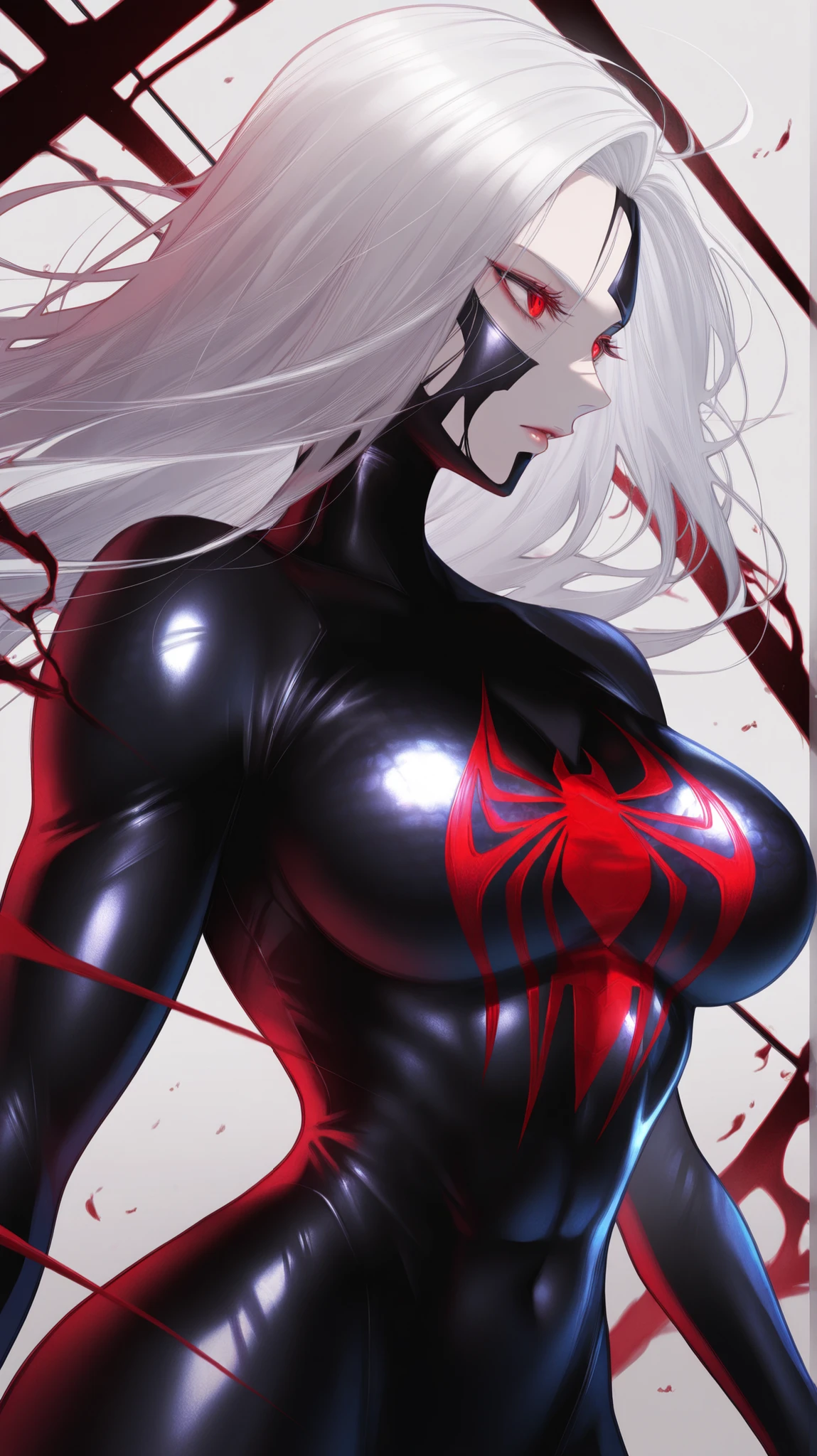 masterpiece, best quality, amazing quality, newest, very aesthetic, 1girl,A striking woman with flowing white hair stands confidently, her piercing red eyes radiating intensity. She dons a sleek Spider-Man outfit, the iconic red and blue spandex clinging to her toned physique. The webbed patterns shimmer slightly under the light, highlighting her powerful stance. Her white hair contrasts sharply against the bold colors of the suit, giving her an ethereal, almost otherworldly presence. The red eyes, sharp and alert, add an edge of mystery and strength, hinting at hidden powers. She embodies both grace and strength, blending the agility of Spider-Man with an enigmatic, commanding aura, anime style