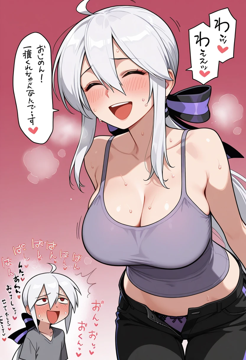cat girl with white hair in cycling shorts and bra, shows tongue, blushes, rolls his eyes, standing straight