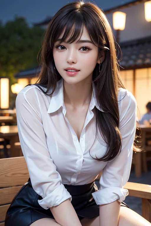 table top, highest quality, realistic, Super detailed, finely, High resolution, 8k wallpaper, 1 beautiful woman, A big chest that looks comfortable to sleep on、In casual business attire, at the cafe, messy hair, perfect dynamic composition, finelyて美しい目、(((超highest quality, masterpiece))), (((very detailed)))