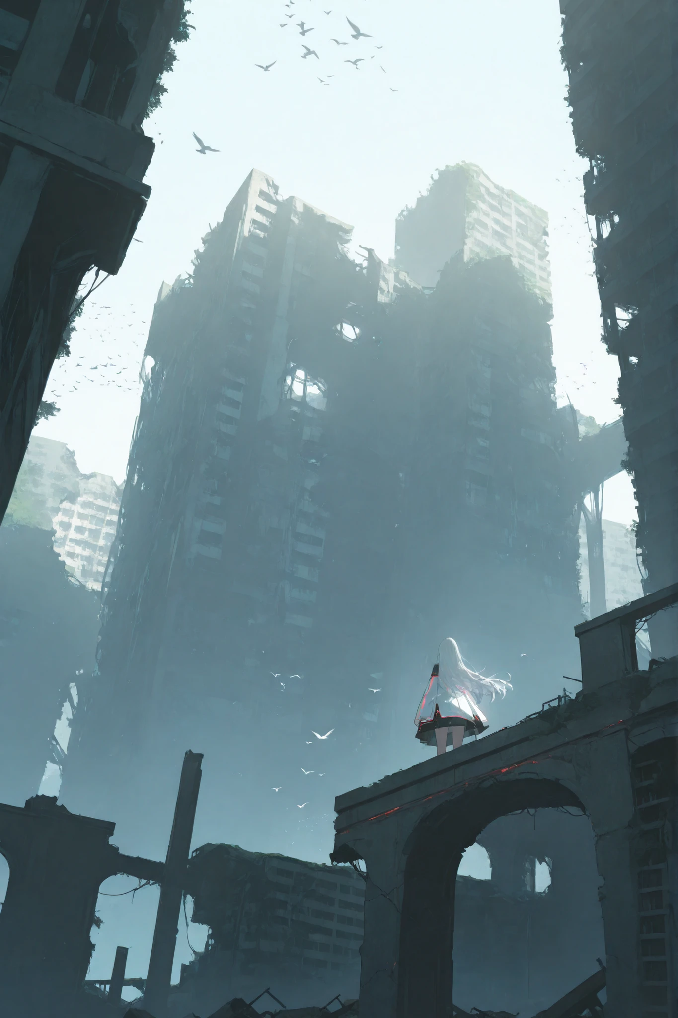 1girl, building, scenery, solo, outdoors, white_hair, long_hair, ruins, standing, neon_trim, day, from_behind, bird