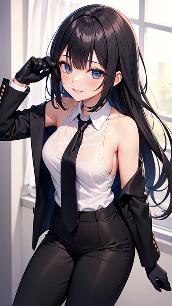 <lora:Toxxy-A1:0.8>, large breasts, masterpiece, best quality, long eyelashes, eyeliner, eyeshadow, mascara, colorful, pink lips, deep skin, looking at viewer, upper body, curvy, hestia (danmachi), 1girl, solo, long hair, blue ribbon, twintails, gloves, ribbon, rei no himo, blue eyes, black hair, white gloves, looking at viewer, light smile, closed mouth, hair ribbon, bow, bangs, blush, hair ornament, very long hair, covered navel, arm ribbon, shiny skin, outdoors, grassy fields, blue sky, cloudy sky, tight, upper body, (masterpiece:1.47746), (highly_detailed:1.05), (highres:1.05), ultra detailed, 100-layers, extremely detailed, intricate, absurdres, small details, ultra detailed, detailed eyes, (intricate details, volumetric lighting, cinematic lighting, award-winning, macro vivid colors, rule of thirds, majestic, detailed, elegant), colorful, realistic lighting, breasts hold, ((Pinstripe Suit)), ((Pinstripe Slacks)), ((Pinstripe necktie)), ((Pinstripe suit jacket))