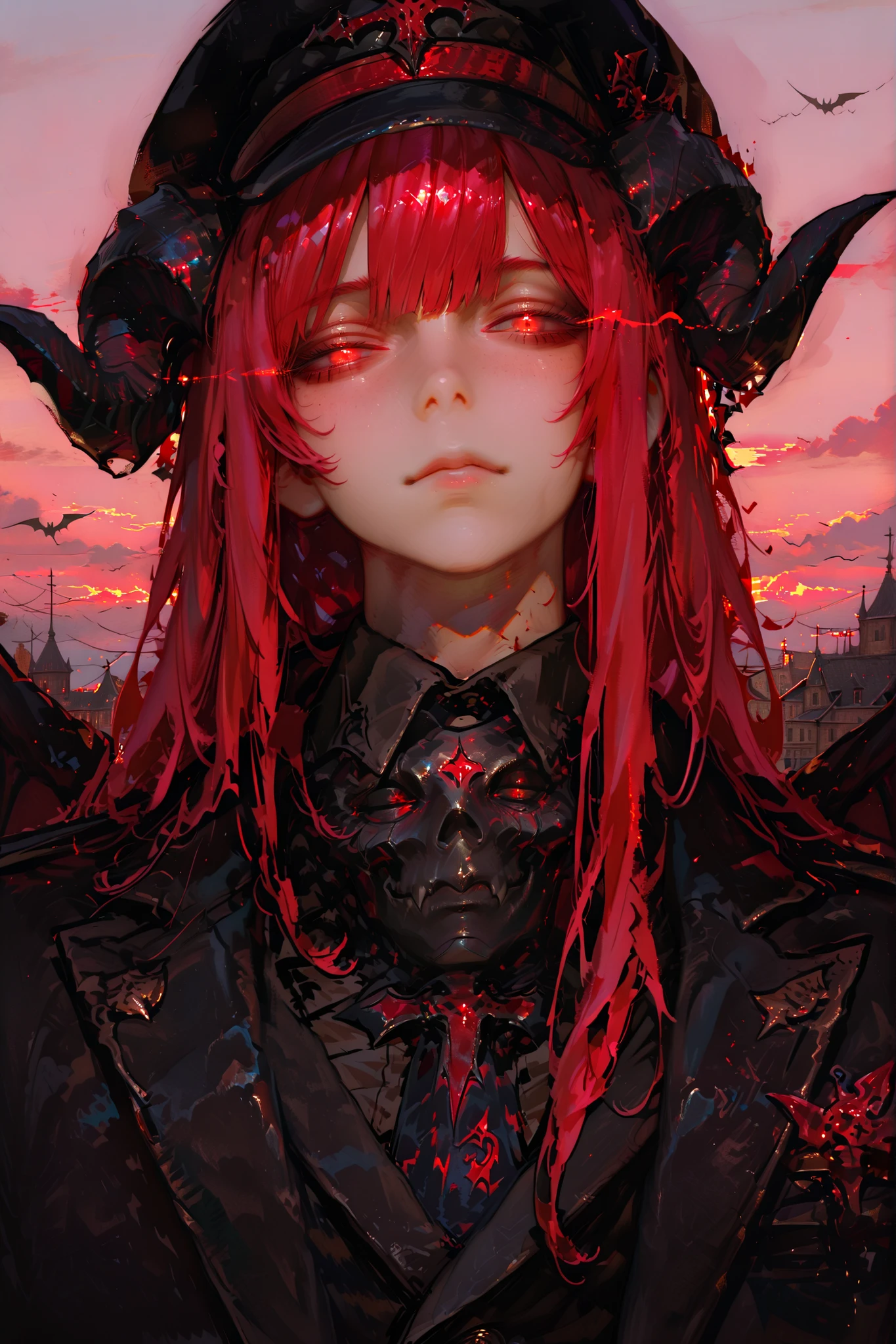 masterpiece, best quality, Detailed Eyes, boy, fantasy, red eye, short red hair, 8k, black suit, black demon horns, big black demon wings, solo charactor, tired face, emotionless face, looking at viewer, sky background, glowing eyes, shiny, black general hat
