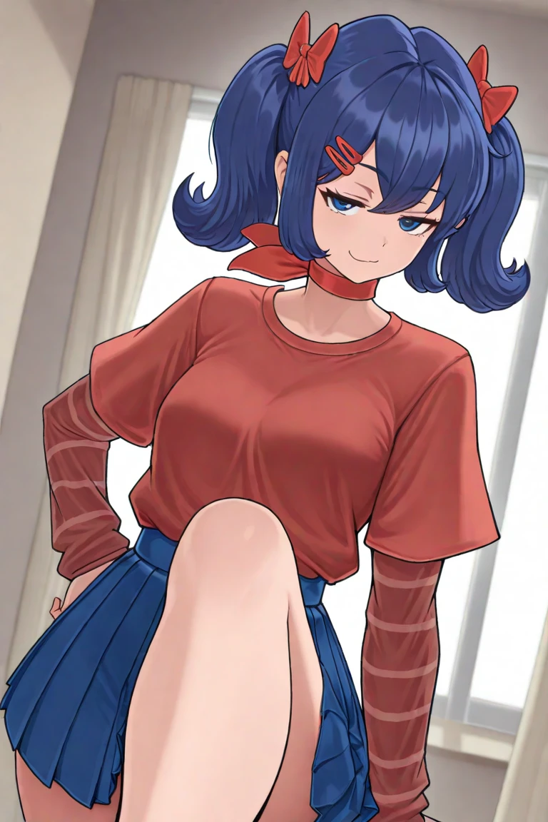 Mira Kagami, 1 girl, solo, retro artstyle, 1990s (style), nsfw, simple white background, tachi-e, looking at viewer, straight-on, standing, cowboy shot:0.8, purple hair, medium hair:1.2, straight perm hair, brown eyes, (((blue school uniform))), (((blue sailor collar))), yellow bow, bow, long sleeves, blue skirt, light smile, wink, large breasts, skirt lift, panties down, show off cleft closed-pussy, wareme, score_9, score_8_up, score_7_up, score_6_up