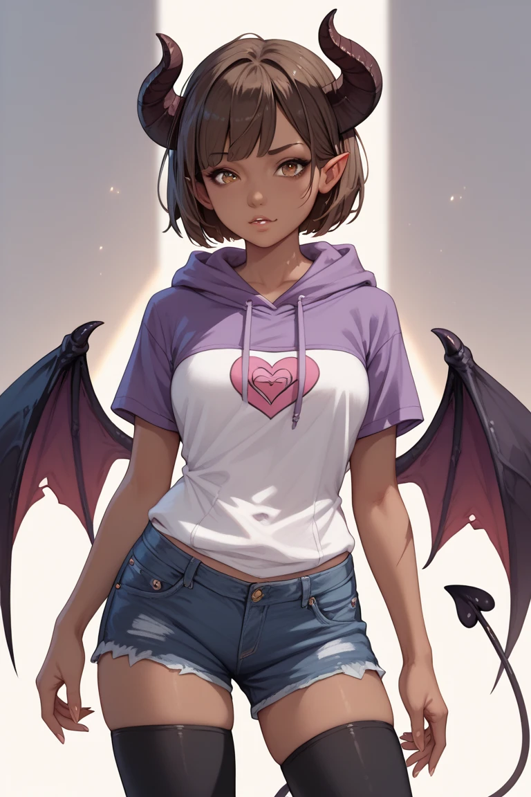 (masterpiece, best quality),  intricate details,
1girl, <lora:Ghostrick_Socuteboss:0.8> ghostrickscb, long sleeves,heart, wings, barefoot
 <lora:android18test:0.8> belt, black legwear, black shirt, breast pocket, cleavage, collarbone, denim, denim skirt, high-waist skirt, jewelry, long sleeves, pocket, shirt, shirt tucked in, skirt, striped, striped sleeves, waistcoat,,