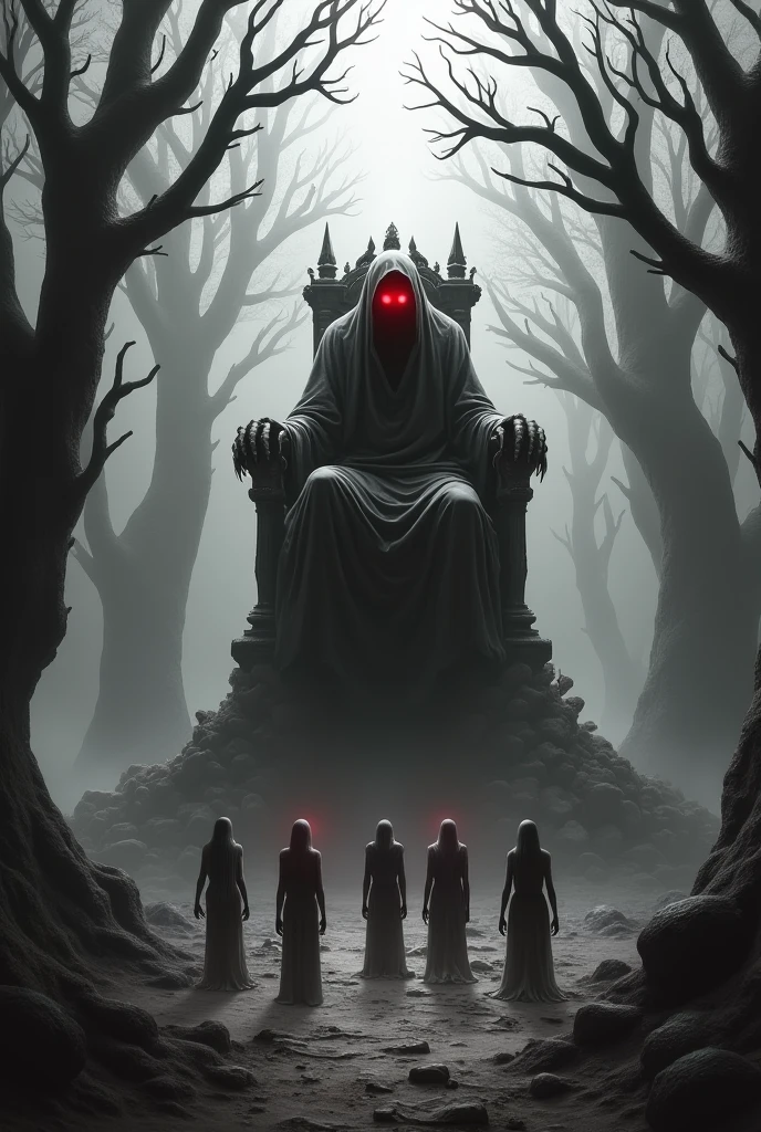 Hell, black and white, A bone throne in the middle, dry trees with branches that look like fingers trying to grab those who pass, mist, a disembodied being, sem forma, sitting on the throne with red eyes. Right in front three broken souls