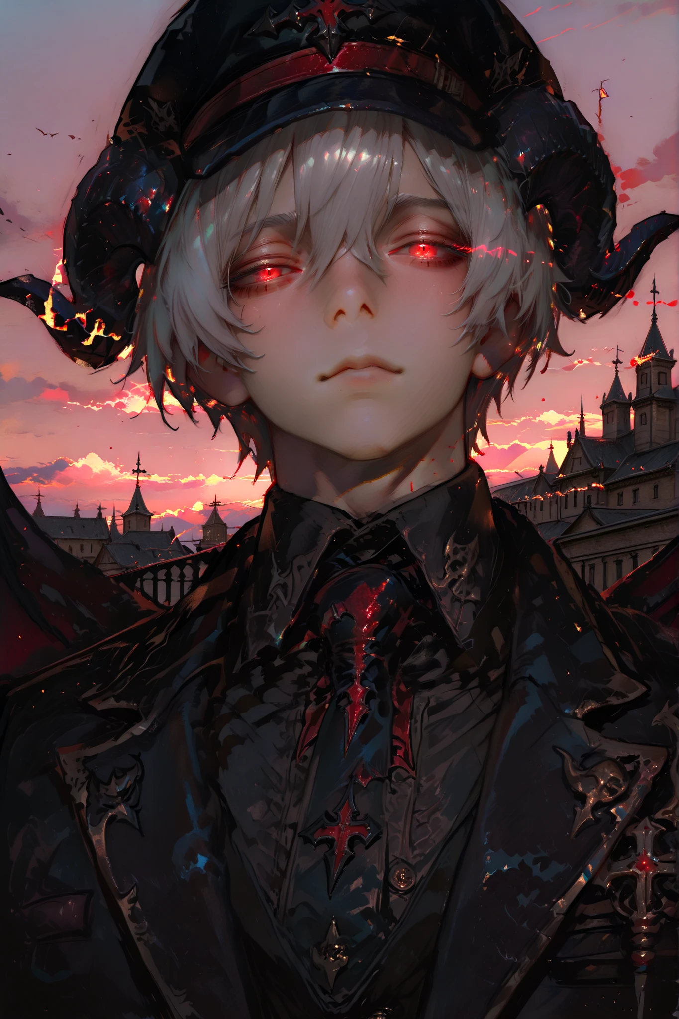 masterpiece, best quality, Detailed Eyes, boy, fantasy, red eye, shortcut gray hair, 8k, black suit, black demon horns, big black demon wings, solo charactor, tired face, emotionless face, looking at viewer, sky background, glowing eyes, shiny, black general hat