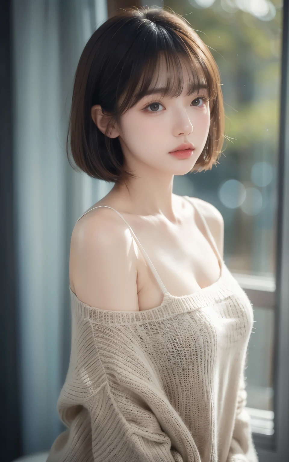 masterpiece, Best Quality, 8K, 20 yo, Large breast, cuddly, Solo, sad, Cute, Girly, Delicate girl, Neat and clean beauty, Raw photo, Professional Photography, Portrait, Soft light, Professional Lighting, Back lighting, Upper body, Looking away, Sophisticated, Film grain, (Eyes and faces with detailed:1.0), short length floating hair, beautiful flowing hair, bangs, sweater,
