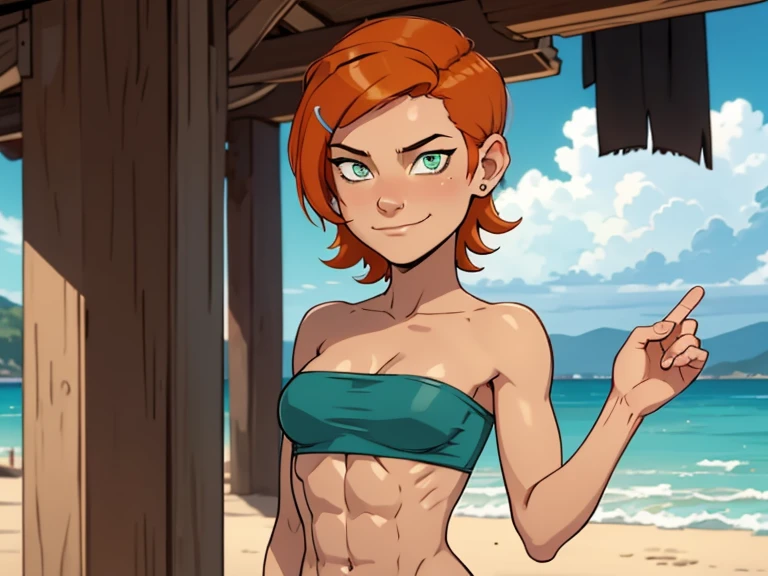 muscular, large bare breasts, toned body, 1 girl, ginger hair, pale skin, blue eyes, short pixie hair (at the tropical beach) looking at viewer close up (dc character 'robin') bikini thong,nipples, pinup poses