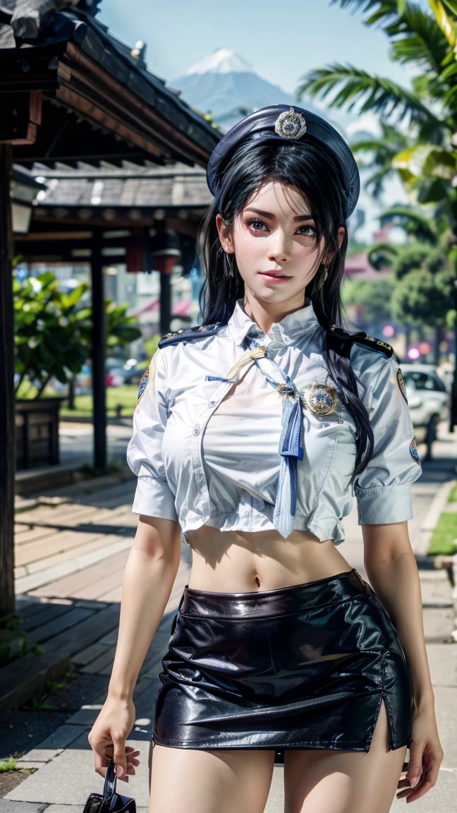 (female:1.2), 8k, ultra hd, ultra detailed texture, hyper realistic, masterpiece, detailed texture, detailed face, detailed skin, detailed lighting, (photorealistic:1.5), best quality, beautiful lighting, cinematic lighting, professional lighting, ultra highres, realistic, detailed hair, real hair, high quality, (realskin:1.5), extremely detailed, finely detail, ultra-detailed, 1girl, solo, goddes, (blue eyes:1.5), red lips, parted lips, nose, white skin, pretty, beautiful, details black hair, military uniform, military hat