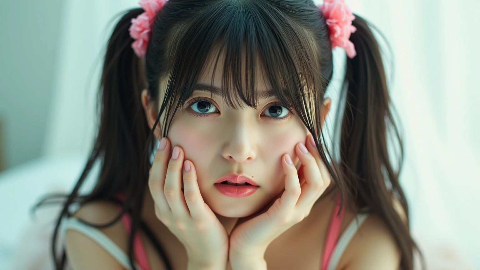 40-year-old Japanese woman、Black Hair、Hair is very short、Twin tails、Hatsune Miku Costume、Headphones、Flat Chest、Realistic photos、Realistic、8K quality、expensive、No bangs、High resolution, Highest quality, Anatomically correct, Winner of numerous awards, Ultra high definition, Live Performance Venues、Playing the keyboard