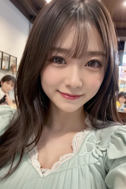 Brown Hair,Medium Hair,20-year-old female, Small nose, With the correct face, Cute natural smile, Japanese facial features, A clean and cute face, Cute realistic portrait, Asian Face, 8K Photo, Soft Makeup,Natural skin texture,Raw photo,highest quality,Full Body Shot,Pink clothes,Theme park
