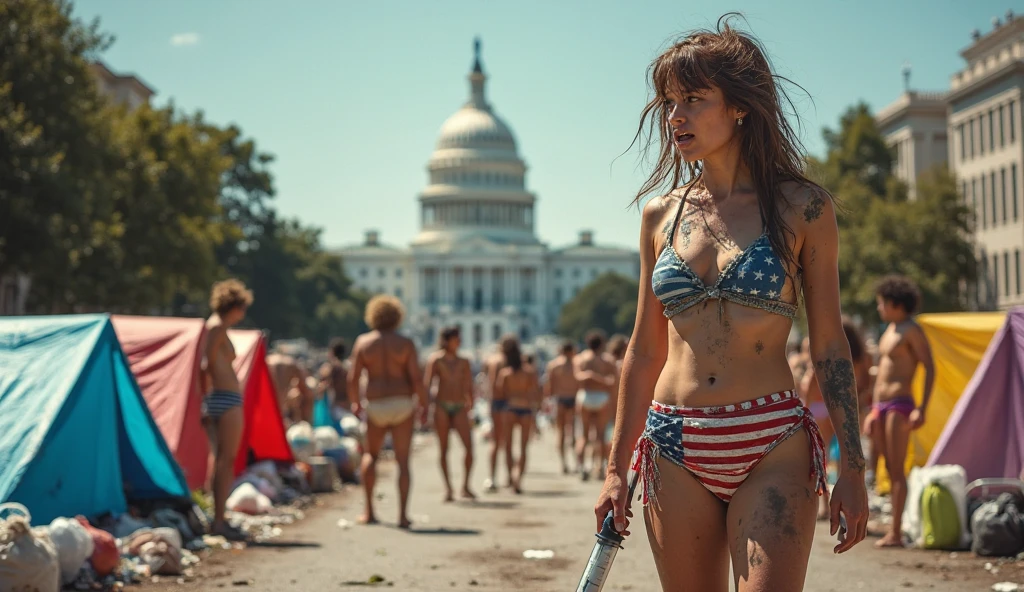 (Gates McFadden, age 25, nude, extensive flower body paint) doing an interpretive themed dance around a spring morning center stage, spotlight on her, crowd in stadium slightly shadowed
