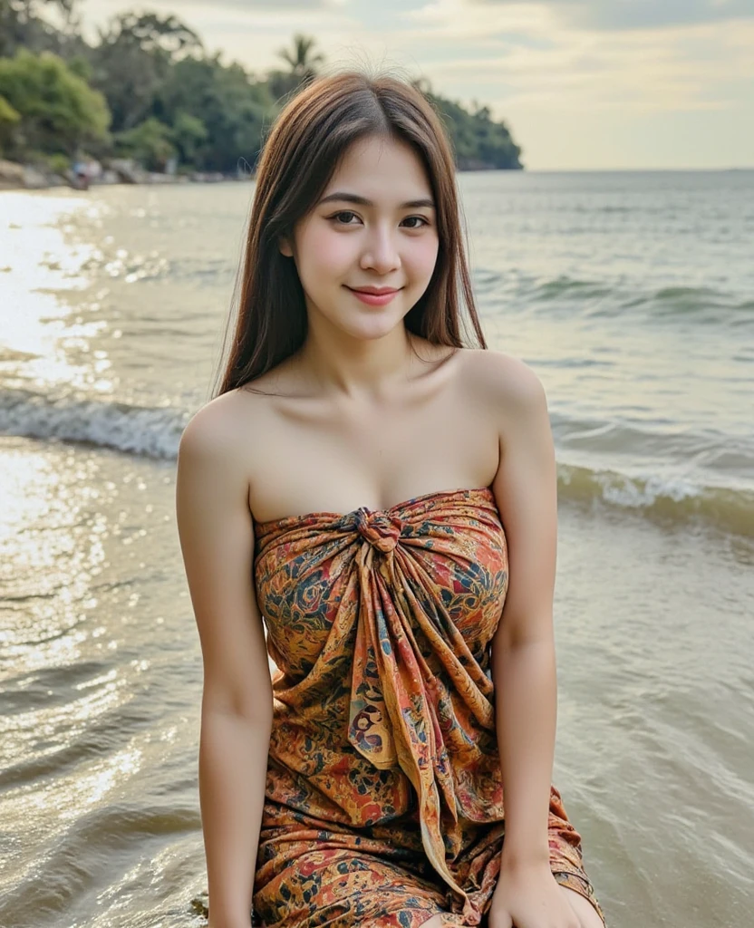 1 girl, alone, looking at the viewer, dark blonde long hair, hair is tied up, (Dark green sheer_Dress, See-through:1.2), brown eyes, Coastal rocky background, small breast , smile, realistic, masterpiece, 最high quality, high quality, High resolution,