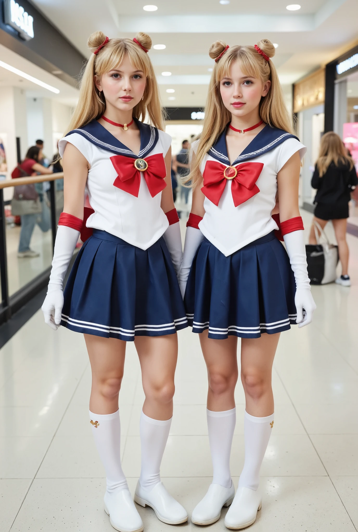 Create a hyper-realistic photograph of beautiful, fair-skinned twin little student girls. They have very long, straight blonde hair styled in two buns and twin tails. Both are wearing Sailormoon costumes and standing in a symmetrical pose, resembling small versions of Sailormoon. The background is a shopping center.
