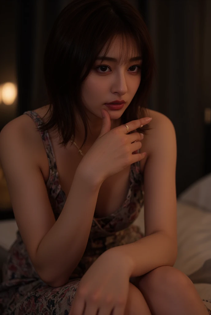 masutepiece, Best Quality, 1 girl, Solo, effect, Dark background, Girl answering phone call in bed with solemn expression evening room