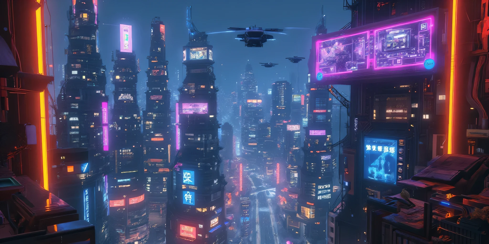 Using animated film, a neon light Cyberpunk city is presented,Overlooking the beauty of Cybo City from a height down