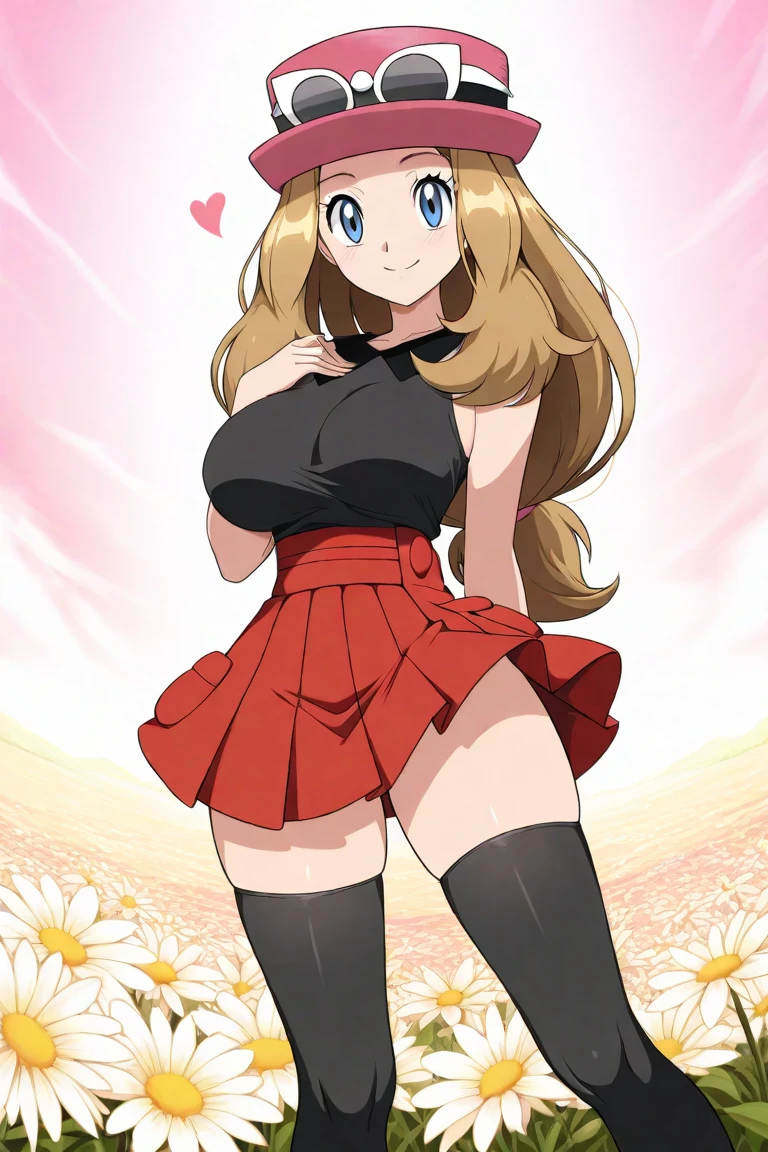 Packing Serena, 1 girl, alone, blue eyes, blonde hair, long hair, low-tied long hair, have, pink hat,, black stockings,Red skirt smile,closed mouth,cowboy shot,sitting,
forest,outdoor,
(very detailed, Beautiful and dense face, masterpiece, highest quality) cinematic lighting,、big breasts、black bra、Black twine.Hand in panties