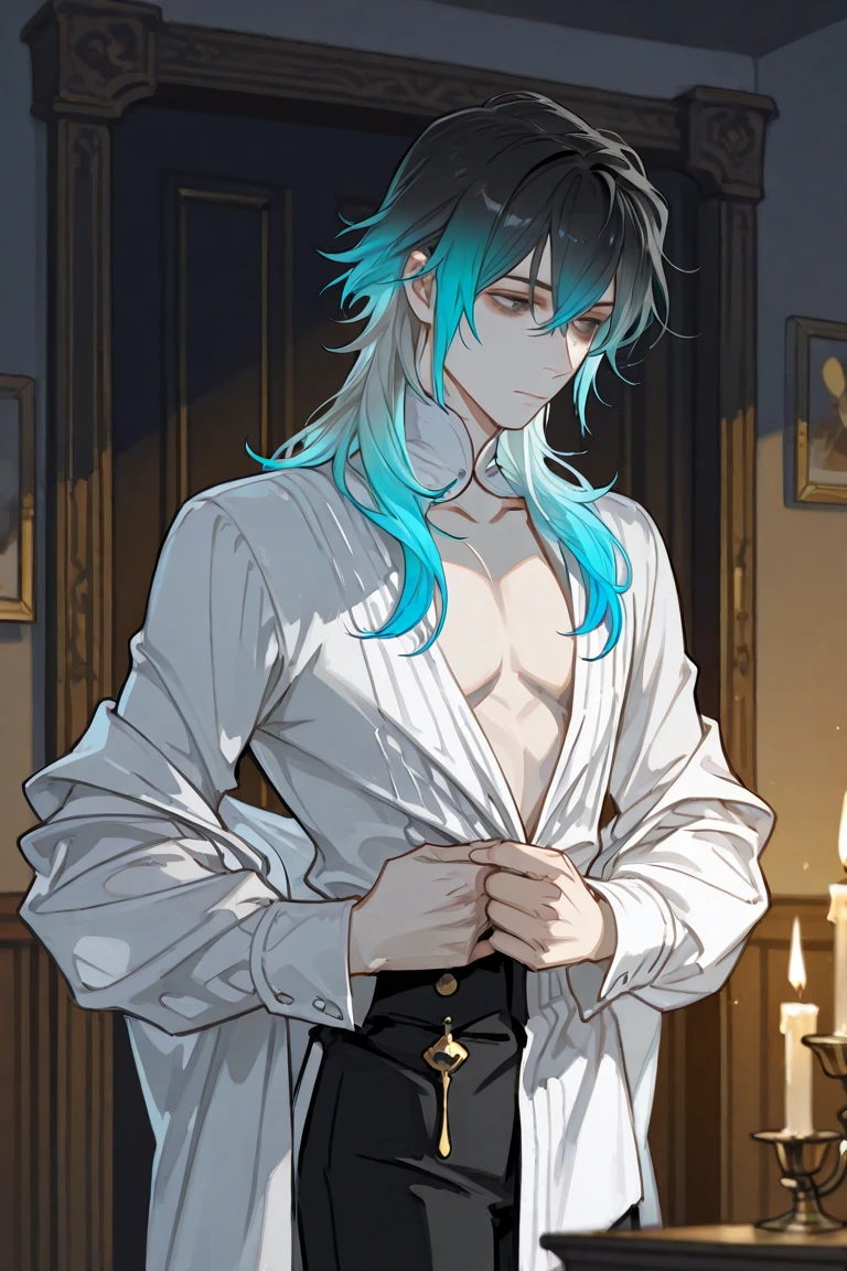 blazerless, shirtless, 1 boy, man, perfect anatomy, mesmerizing black eyes, antlers, 8k resolution, (one person), (realism: 1.2), (masterpiece: 1.2), (cowboy frame: 1.2), dark romantic lighting, (high detail: 1.2), (detailed face: 1.2), (full body shot: 1.2), (gradients), bright, detailed eyes, (natural light: 1.2), solo, hotel, indoors, perfect lighting, (black lips), vampire fangs, perfect facial features, perfect angle, perfectly drawn eyes, man, smile, full-length, skinny