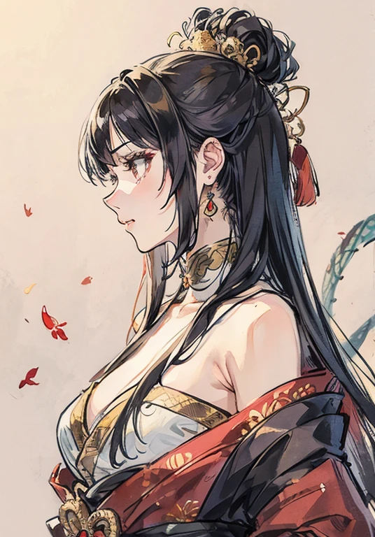 Seven Rhaeyar (Deylta), Ancient Star goddess, Perfect female anatomy (Royalty, Adult Female, 166cm in height, Cool pale skin, slim, slender, 34D breast size, Long Jet Black Hair, Gray Colored Iris , a set of Jet black colored horns on her head), Neutral facial expression, Elegant black uniform dress, female choker accessory with silver complimentary jewelry, dragon motifs, Black rope accessories, Simple Black Background, receiving light from the front, Slightly focusing on her face up close, Ethereal glow, Red Rose petals falling, Japanese inspired
