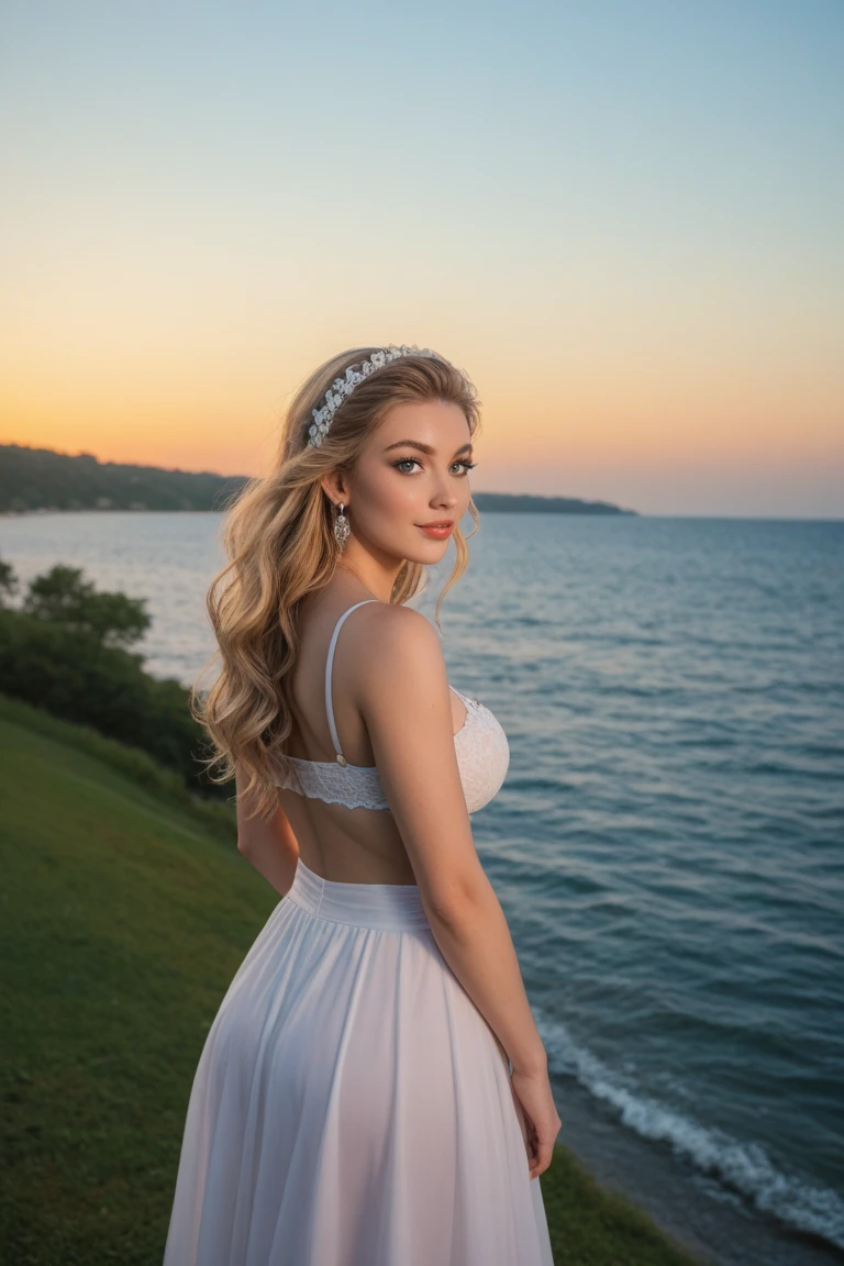 ((masterpiece, 8 K, Best quality, a high resolution:1.3)), (young woman with very light blonde hair, wavy, long, and loose hair:1.2), (her eyes are very light green:1.2), (her face is perfect with delicate features:1.2), (she has thick eyebrows:1.2), (freckles are scattered across her face:1.2), (She is wearing a beautiful white dress from Ancient Greece.:1.2), (On her head is a beautiful tiara of different bright flowers.:1.2), (she is on a Greek island walking along the beach at sunset:1.2), (In the picture she is depicted from the waist up:1.2), (her body is perfect and slim:1.2), (She is smiling in the photo:1.4), (bokeh effect in photo:1.2), (Vignette effect:1.2), (Canon EOS 5DS R camera, ideal for conveying the details and beauty of a scene:1.2), (в сочетании с Canon EF 85mm f/1.Объектив 4L IS USM:1.2), (The stage is bathed in soft, Warm sunset light:1.2), (her confident and graceful posture, showing off her natural elegance:1.2), (Moment, frozen in time, capturing the essence of Greek beauty and serenity:1.3), (ultra photorealistic, highlighting her features and the idyllic beach setting:1.3), (image, which takes viewers to a thrilling and romantic moment:1.2), (scene, which illustrates the beauty of the human form in a timeless setting:1.2), (((sfw))), cinematic, Hyper-detailed, crazy details, beautifully color-graded, cinematic Lightning, incredibly detailed and confusing, hypermaximalist, volume, full color, HDR, shallow depth of field, big budget Hollywood film, synoscope, capricious, epic, fabulous