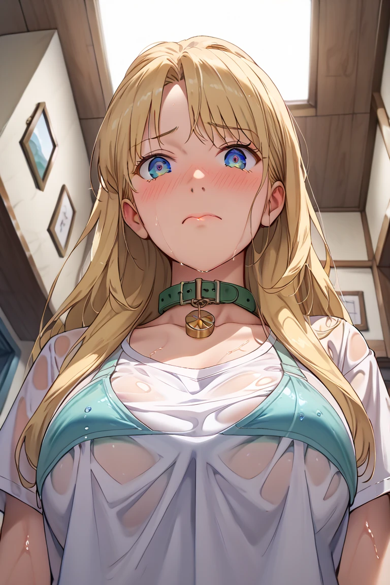 Portrait, official art, best masterpiece, best quality, best resolution, 8K, best detailed, (perfect anatomy:1.3), (looking at viewer)
BREAK
(looking at viewer, standing, from above)
BREAK
aizawa ema, long hair, gradient hair, blond hair, hair ornament, earrings, blue eyes, (large breasts:1.2), solo, 1woman, (white shirt), naked shirt, shirt tug, Nipple Erect
BREAK
(blush:1.2), (shy smile)
BREAK
on the bed, (night), (Dim lighting), very detailed 16KCG wallpapers