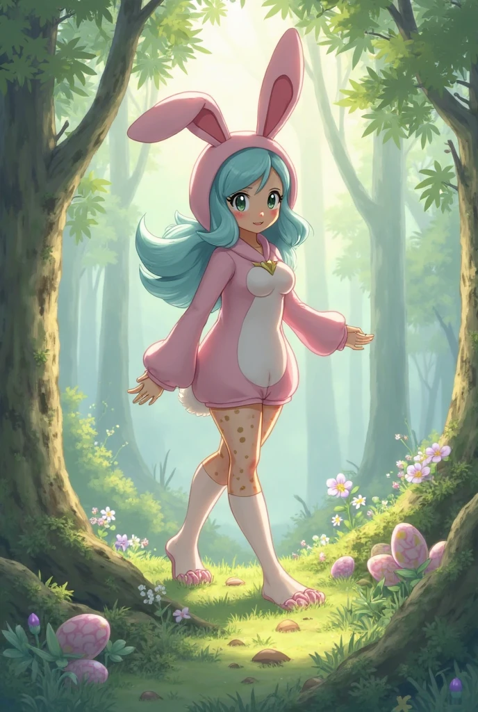 Misty from Pokemon HGSS,  suit, easter eggs, outdoors, forrest, smile face, blush face, looking for Easter eggs. Curvy body, stockings. 