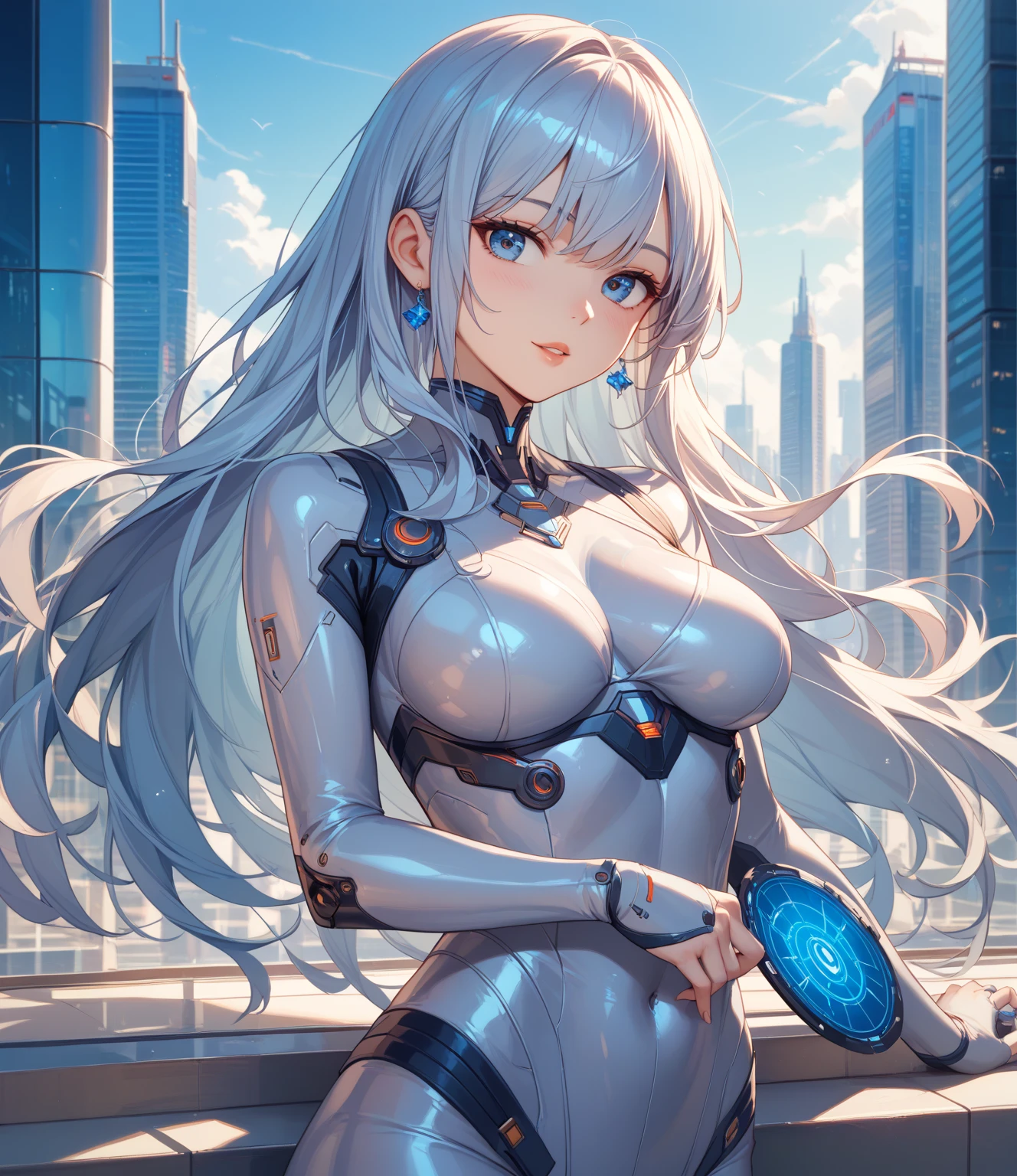 city scape, nsfw, (love face, very very happy:1.5), (mecha musume, cyborg girl), low teen, stylish angle, stylish pose, (headphone, mechanical torso, mechanical clothes), looking at viewer, cropped bangs, blue miniskirt, plastics corset, beautiful light effect, caution decare, gleaming skin, furisode, detached long sleevs, very wide sleeves, (corporate logotype:1.2),