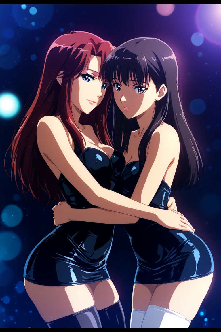 The iconic Suzuki sisters from the beloved anime and manga series, Detective Conan, reimagined in a playfully alluring and unexpected light. The setting is a sleek and dimly lit jazz club, where the air is thick with the scent of sultry perfume and the smooth rhythm of a saxophone. The elder sister, Ran Mouri, flaunts a stunning red dress that clings to her curves, cinched at the waist with a sparkling belt, and a plunging neckline that accentuates her cleavage. Her hair is styled in voluminous waves that cascade over her bare shoulders, drawing the eye to her smoldering gaze. Meanwhile, her younger sister, Sonoko Suzuki, is dressed in a daring black number with a high slit that teases a glimpse of her toned legs. Her midriff is bare, adorned only by an intricate bejeweled choker that matches her glittering drop earrings. Both sisters are caught in the act of flashing their dazzling smiles at an unseen photographer, their cheeky playfulness evident in the mischievous glint in their eyes. The vibrant colors of their outfits pop against the moody backdrop of the club, creating a visual contrast that is as captivating as it is tantalizing. As they lean in closer to each other, the siblings' bond is palpable, yet it's their shared sense of adventure and seductive charm that truly steals the spotlight.